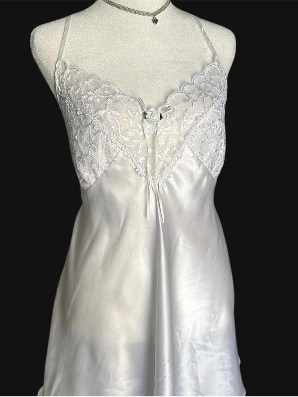 Women's White Satin Lace Chemise Slip with Floral Detail